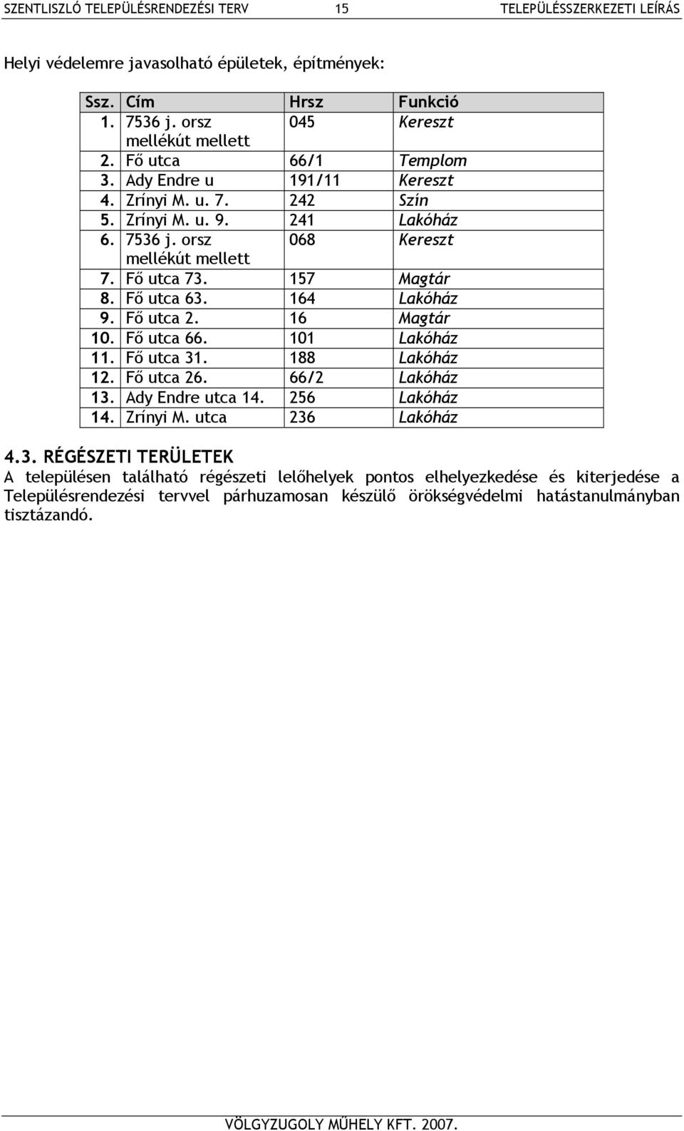 164 Lakóház 9. Fő utca 2. 16 Magtár 10. Fő utca 66. 101 Lakóház 11. Fő utca 31. 188 Lakóház 12. Fő utca 26. 66/2 Lakóház 13. Ady Endre utca 14. 256 Lakóház 14. Zrínyi M.