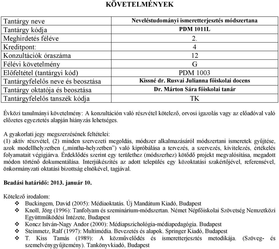 A gyakorlati jegy megszerzésének feltételei: (1) aktív részvétel, (2) minden szervezeti megoldás, módszer alkalmazásáról módszertani ismeretek gyűjtése, azok modellhelyzetben ( mintha-helyzetben )