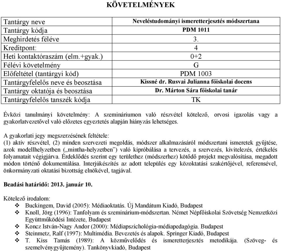 A gyakorlati jegy megszerzésének feltétele: (1) aktív részvétel, (2) minden szervezeti megoldás, módszer alkalmazásáról módszertani ismeretek gyűjtése, azok modellhelyzetben ( mintha-helyzetben )