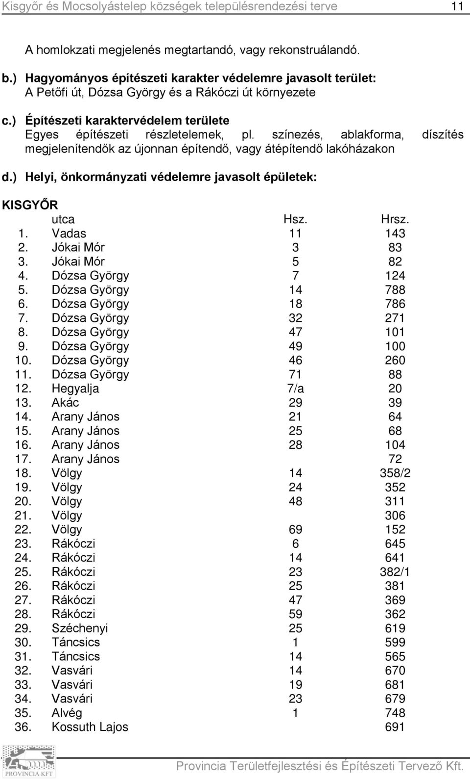 ) Helyi, önkormányzati védelemre javasolt épületek: KISGYŐR utca Hsz. Hrsz. 1. Vadas 11 143 2. Jókai Mór 3 83 3. Jókai Mór 5 82 4. Dózsa György 7 124 5. Dózsa György 14 788 6. Dózsa György 18 786 7.