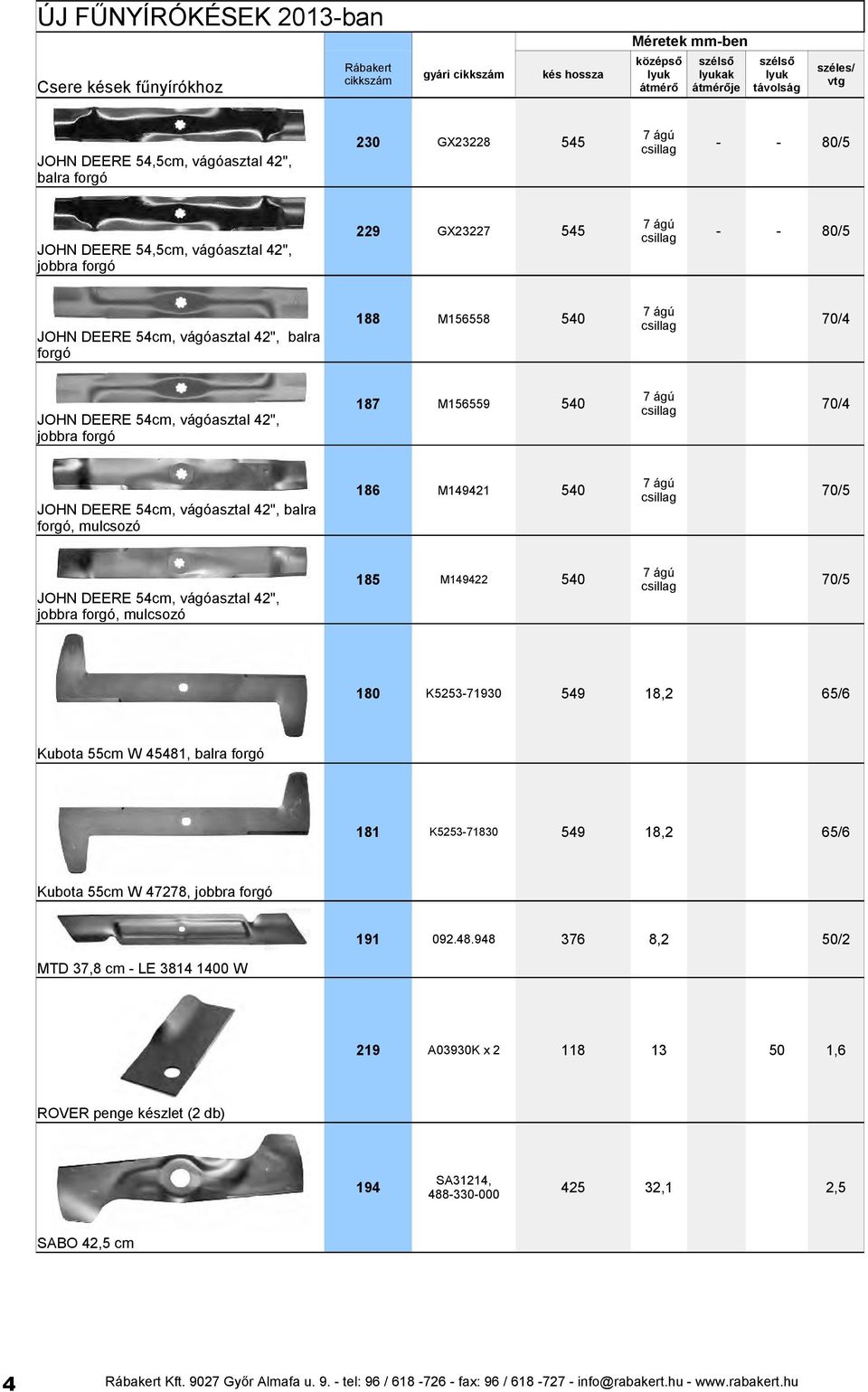 vágóasztal 42", balra forgó, mulcsozó 7 ágú 186 M149421 540 70/5 JOHN DEERE 54cm, vágóasztal 42", jobbra forgó, mulcsozó 7 ágú 185 M149422 540 70/5 180 K5253-71930 549 18,2 65/6 Kubota 55cm W 45481,