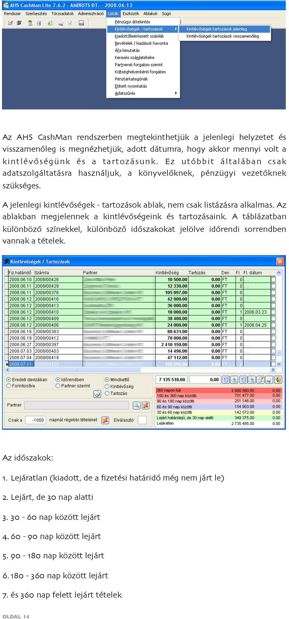 Az ablakban megjelennek a kintlévőségeink és tartozásaink. A táblázatban különböző színekkel, különböző időszakokat jelölve időrendi sorrendben vannak a tételek. Az időszakok: 1.