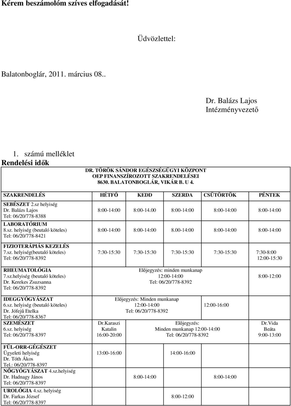 Balázs Lajos Tel: 06/20/778-8388 LABORATÓRIUM 8.sz. helyiség (beutaló köteles) Tel: 06/20/778-8421 8:00-14:00 8:00-14.00 8:00-14:00 8:00-14:00 8:00-14:00 8:00-14:00 8:00-14:00 8.