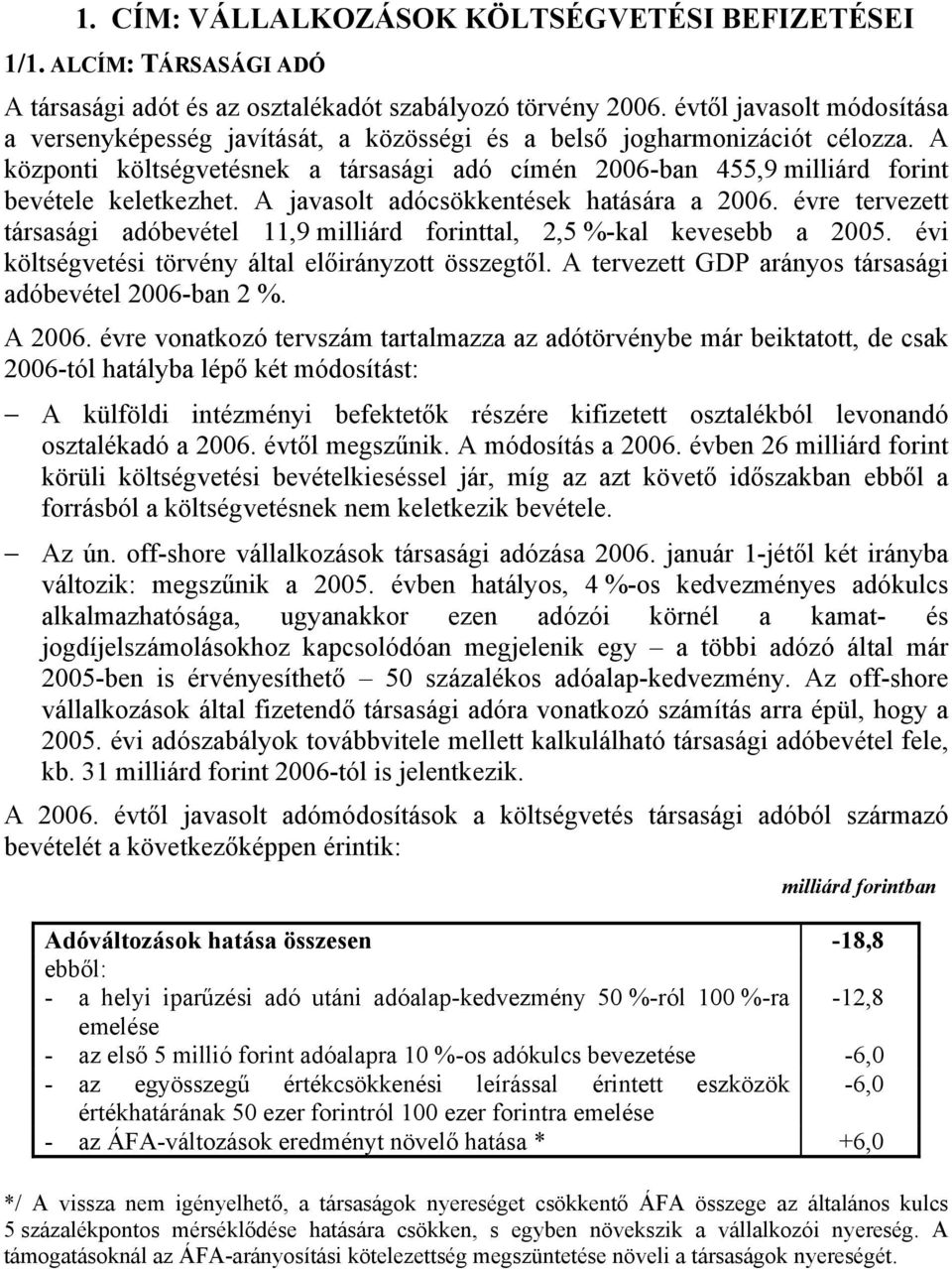 A központi költségvetésnek a társasági adó címén 2006-ban 455,9 milliárd forint bevétele keletkezhet. A javasolt adócsökkentések hatására a 2006.