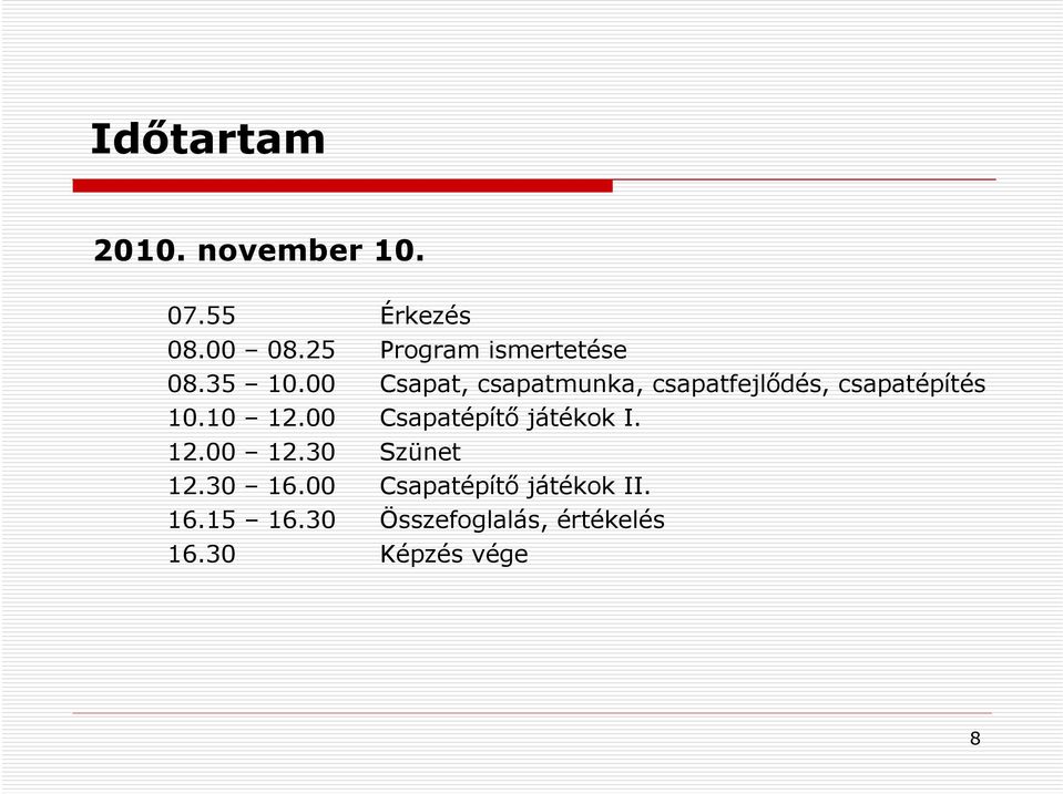 00 Csapat, csapatmunka, csapatfejlődés, csapatépítés 10.10 12.