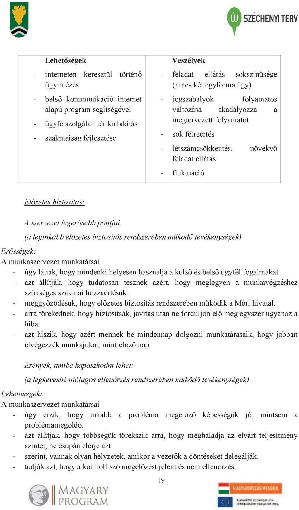 biztosítás: A szervezet legerősebb pontjai: (a leginkább előzetes biztosítás rendszerében működő tevékenységek) Erősségek: A munkaszervezet munkatársai - úgy látják, hogy mindenki helyesen használja