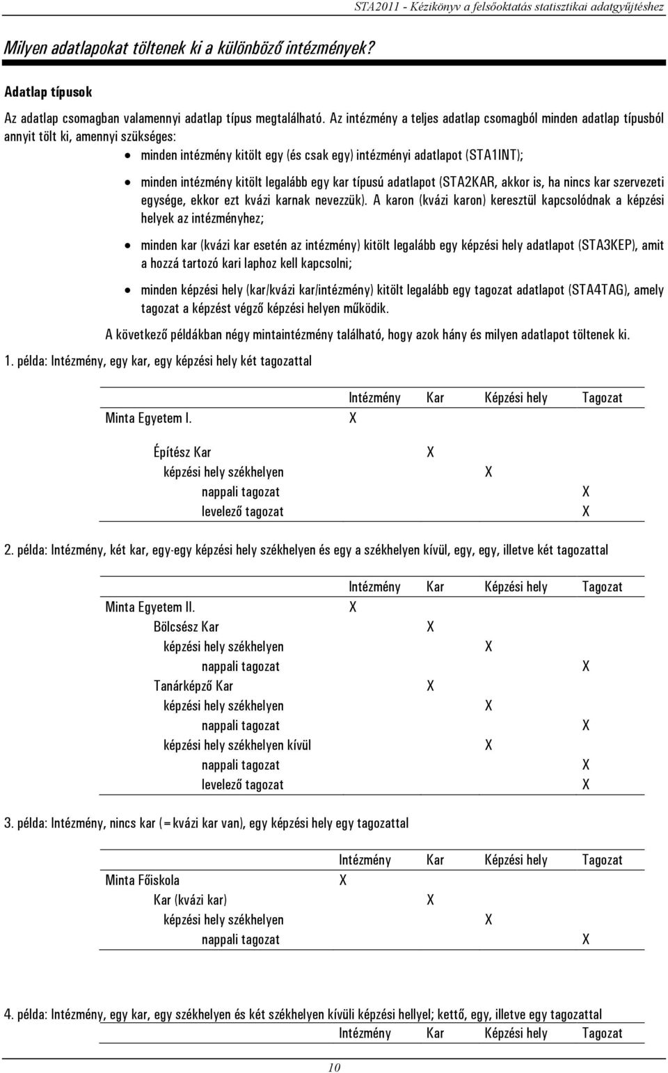 legalább egy kar típusú adatlapot (STA2KAR, akkor is, ha nincs kar szervezeti egysége, ekkor ezt kvázi karnak nevezzük).