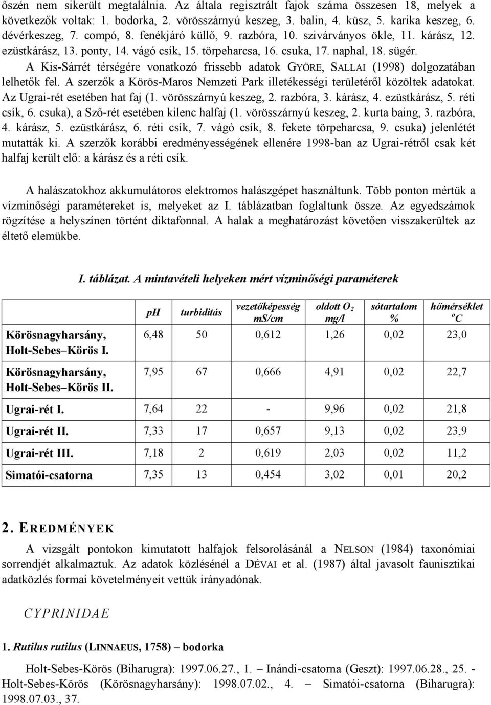 A Kis-Sárrét térségére vonatkozó frissebb adatok GYÖRE, SALLAI (1998) dolgozatában lelhetők fel. A szerzők a Körös-Maros Nemzeti Park illetékességi területéről közöltek adatokat.