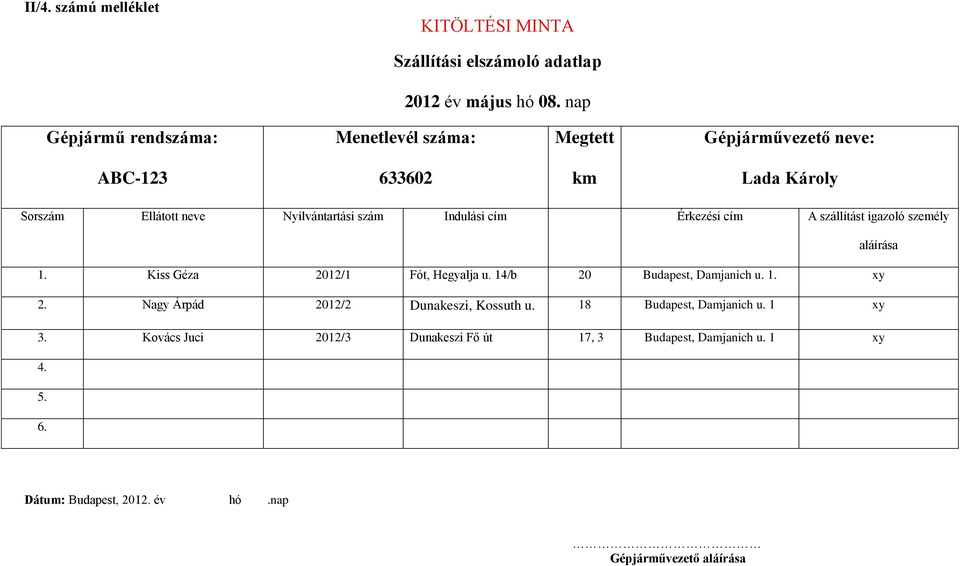 Indulási cím Érkezési cím A szállítást igazoló személy aláírása 1. Kiss Géza 2012/1 Fót, Hegyalja u. 14/b 20 Budapest, Damjanich u. 1. xy 2.