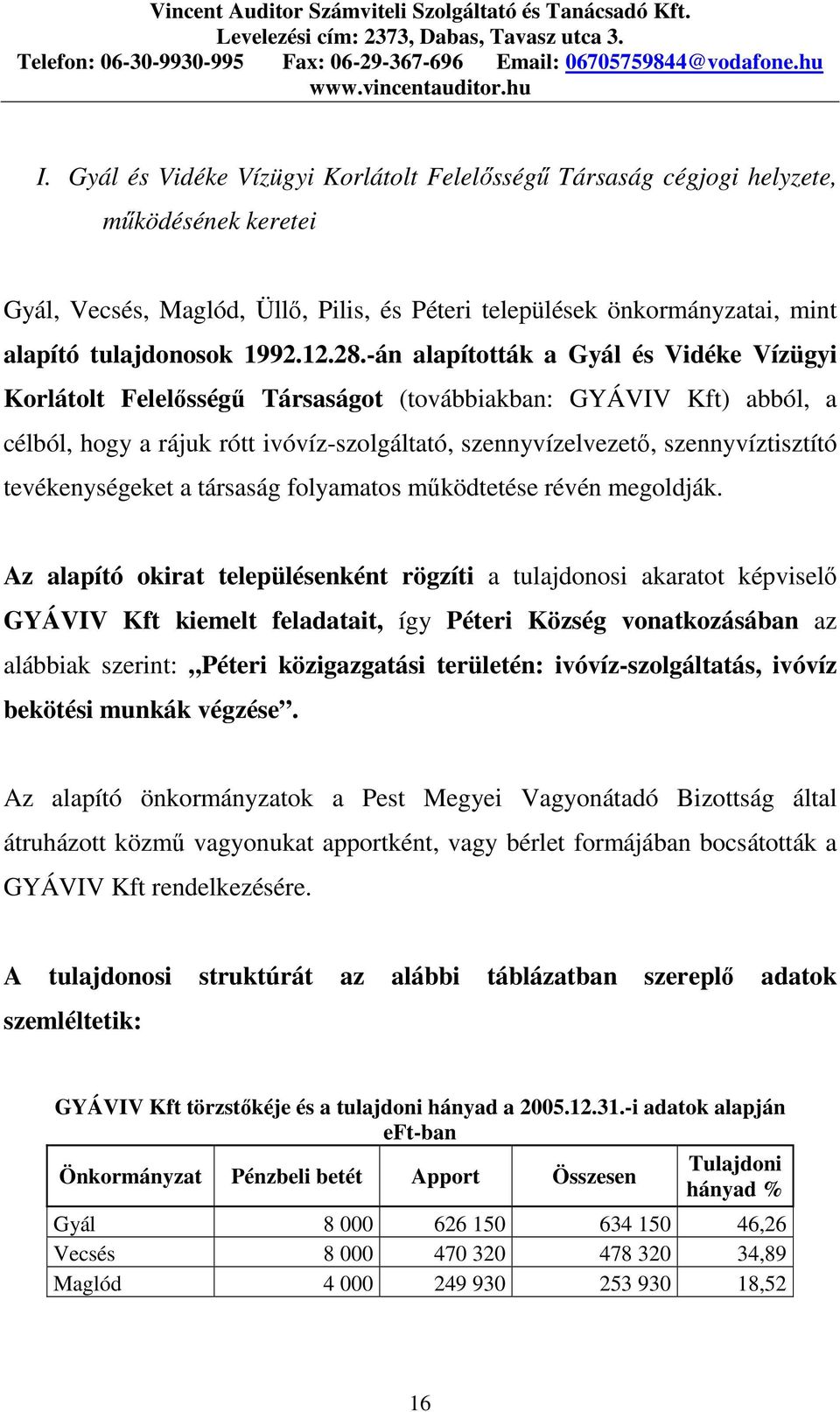 -án alapították a Gyál és Vidéke Vízügyi Korlátolt Felelısségő Társaságot (továbbiakban: GYÁVIV Kft) abból, a célból, hogy a rájuk rótt ivóvíz-szolgáltató, szennyvízelvezetı, szennyvíztisztító