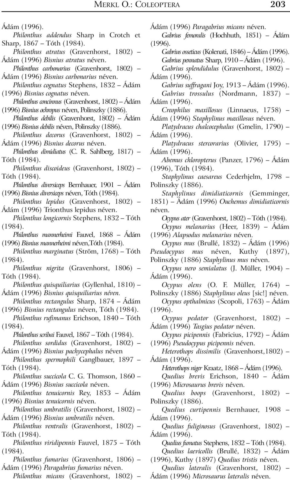 Philonthus concinnus (Gravenhorst, 1802) Ádám (1996) Bisnius ochropus néven, Polinszky (1886). Philonthus debilis (Gravenhorst, 1802) Ádám (1996) Bisnius debilis néven, Polinszky (1886).