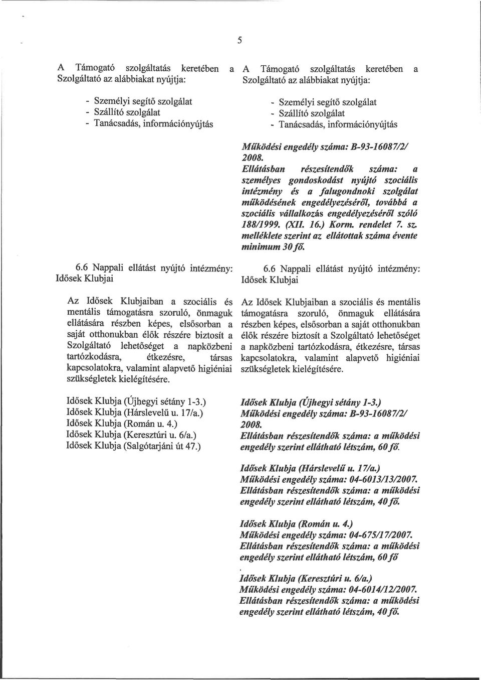 falugondnoki szolgálat működésének engedélyezéséről, továbbá a szociális vállalkozás engedélyezéséről szóló 188/1999. (XII. 16.) Korm. rendelet 7. sz. melléklete szerint az ellátottak száma évente minimum 30 fő.