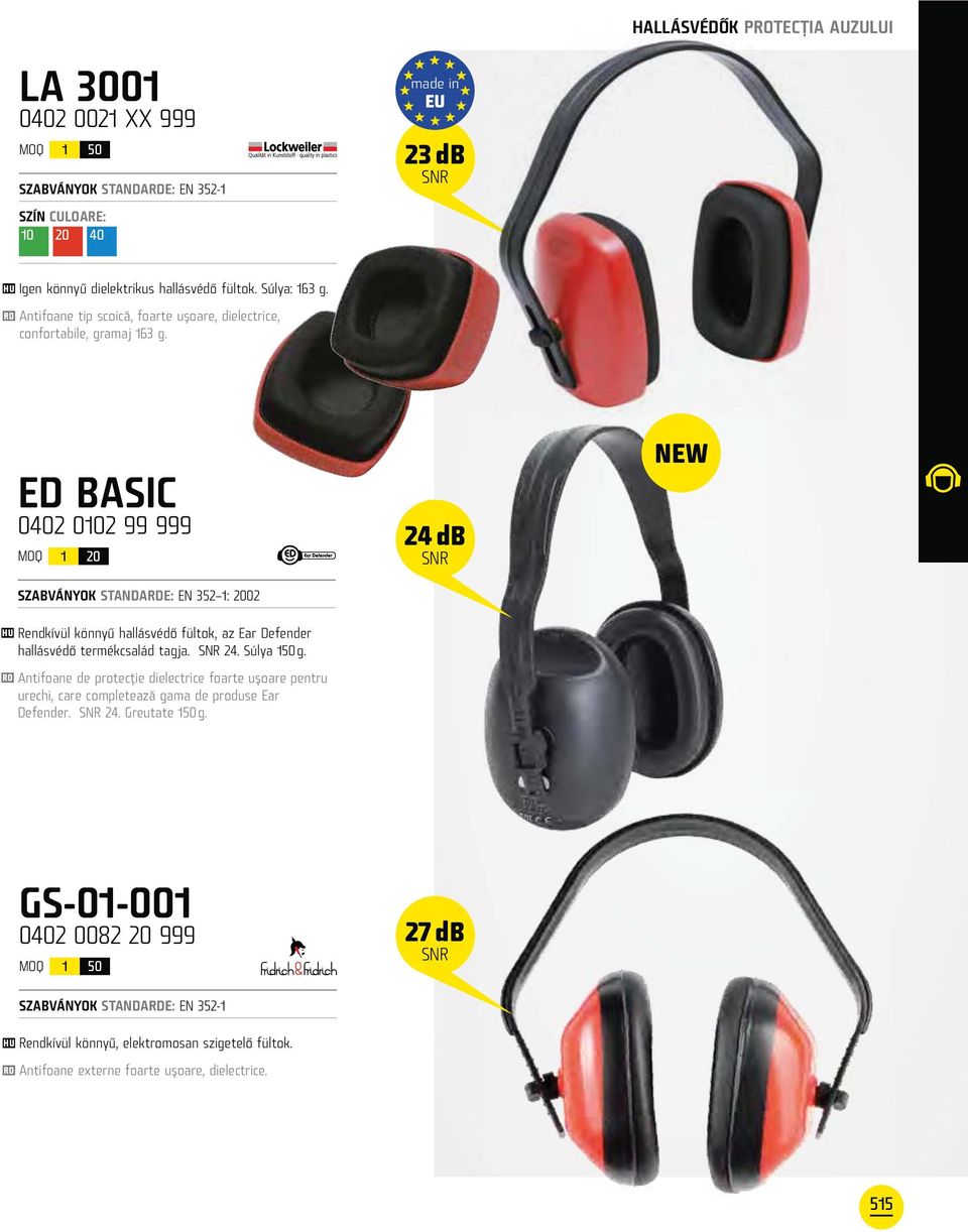 ED BASIC 0402 0102 99 999 SZABVÁNYOK STANDARDE: EN 352 1: 2002 Rendkívül könnyű hallásvédő fültok, az Ear Defender hallásvédő termékcsalád tagja. 24. Súlya 150 g.