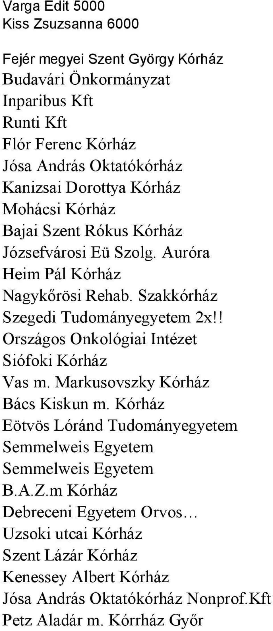 Szakkórház Szegedi Tudományegyetem 2x!! Országos Onkológiai Intézet Siófoki Kórház Vas m. Markusovszky Kórház Bács Kiskun m.