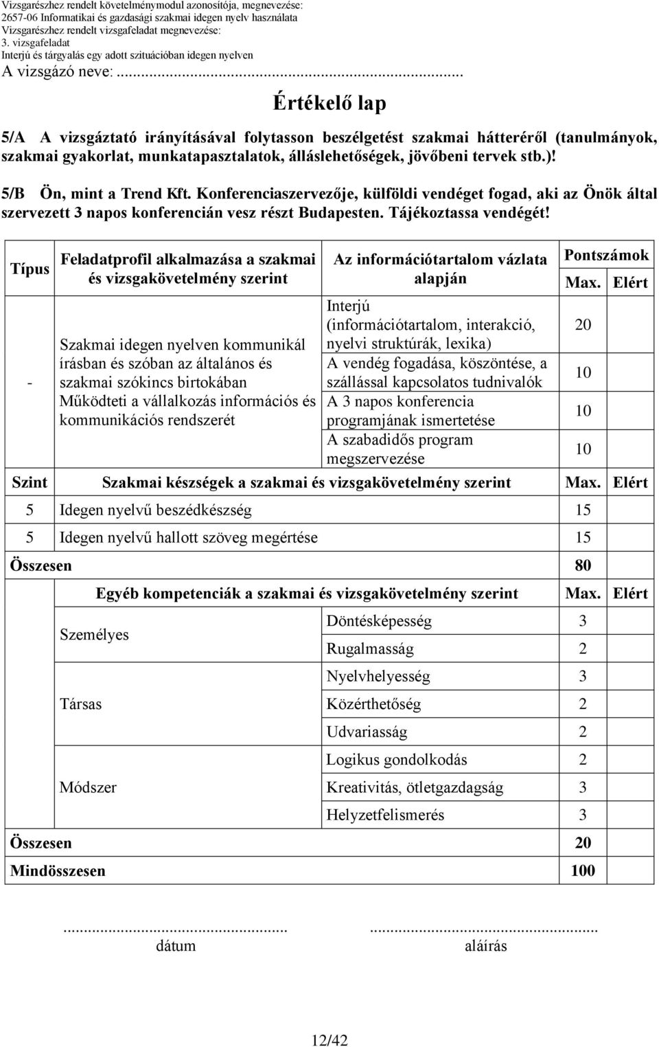 Típus - Feladatprofil alkalmazása a szakmai és vizsgakövetelmény szerint Szakmai idegen nyelven kommunikál írásban és szóban az általános és szakmai szókincs birtokában Működteti a vállalkozás