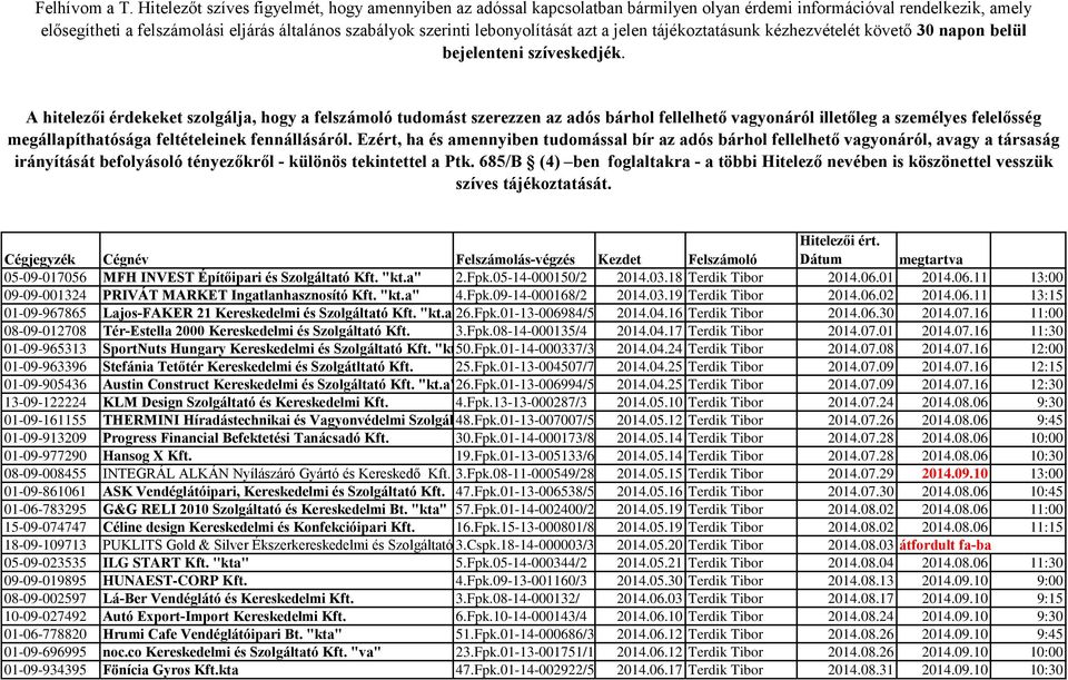 lebonyolítását azt a jelen tájékoztatásunk kézhezvételét követő 30 napon belül bejelenteni szíveskedjék.