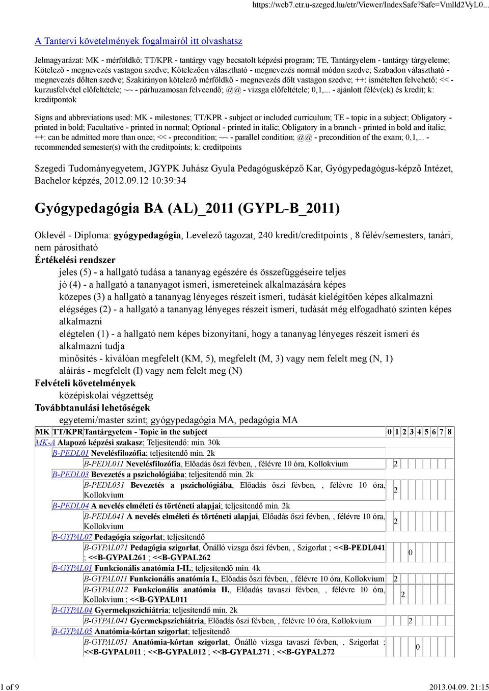 vastagon szedve; Kötelezően választható - megnevezés normál módon szedve; Szabadon választható - megnevezés dőlten szedve; Szakirányon kötelező mérföldkő - megnevezés dőlt vastagon szedve; ++: