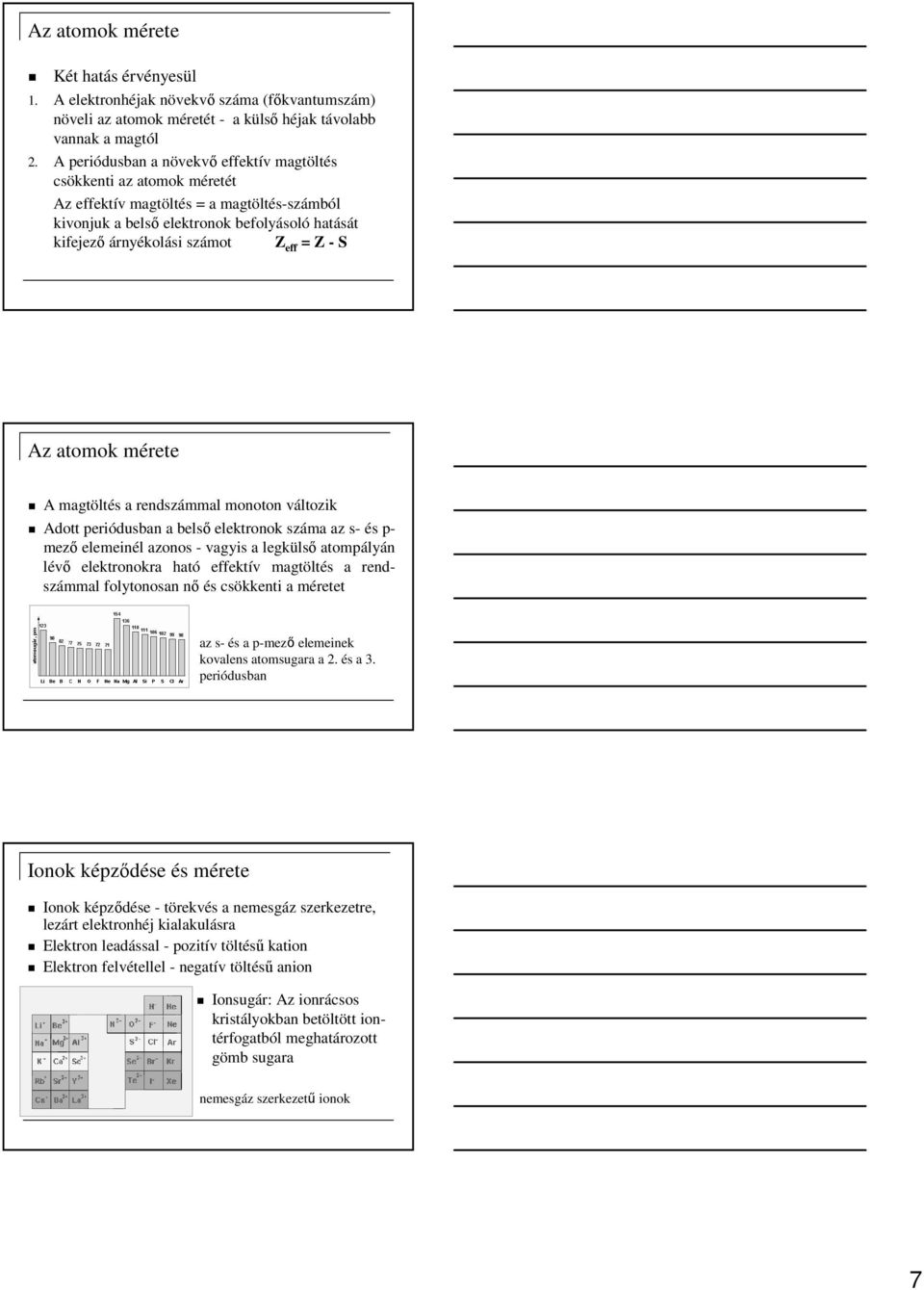 Z - S Az atomok mérete A magtöltés a rendszámmal monoton változik Adott periódusban a belsı elektronok száma az s- és p- mezı elemeinél azonos - vagyis a legkülsı atompályán lévı elektronokra ható