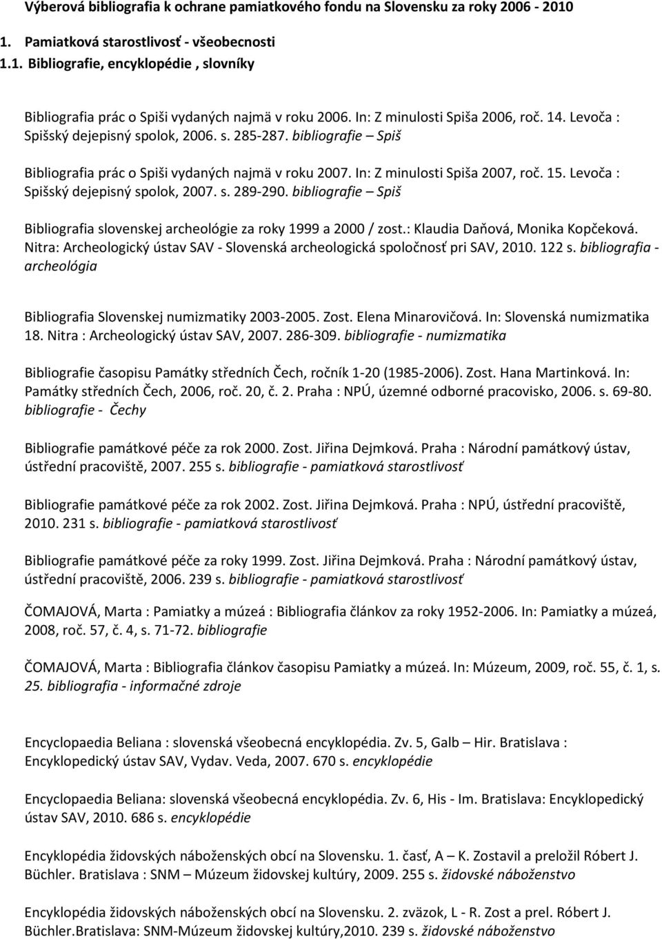 Levoča : Spišský dejepisný spolok, 2007. s. 289-290. bibliografie Spiš Bibliografia slovenskej archeológie za roky 1999 a 2000 / zost.: Klaudia Daňová, Monika Kopčeková.