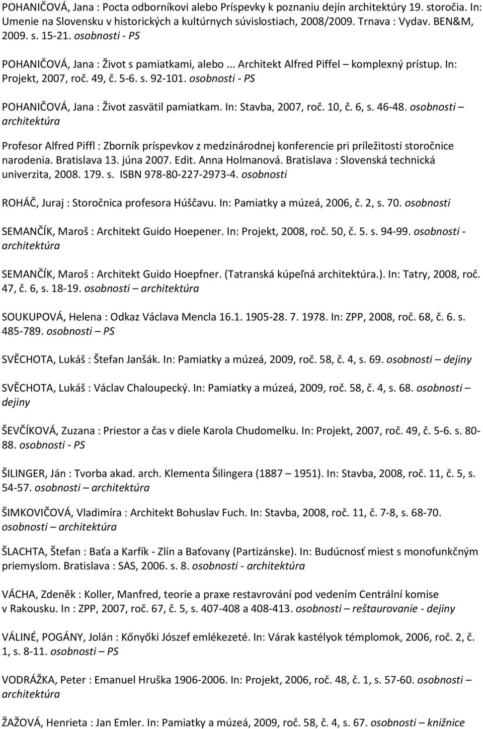 osobnosti - PS POHANIČOVÁ, Jana : Život zasvätil pamiatkam. In: Stavba, 2007, roč. 10, č. 6, s. 46-48.