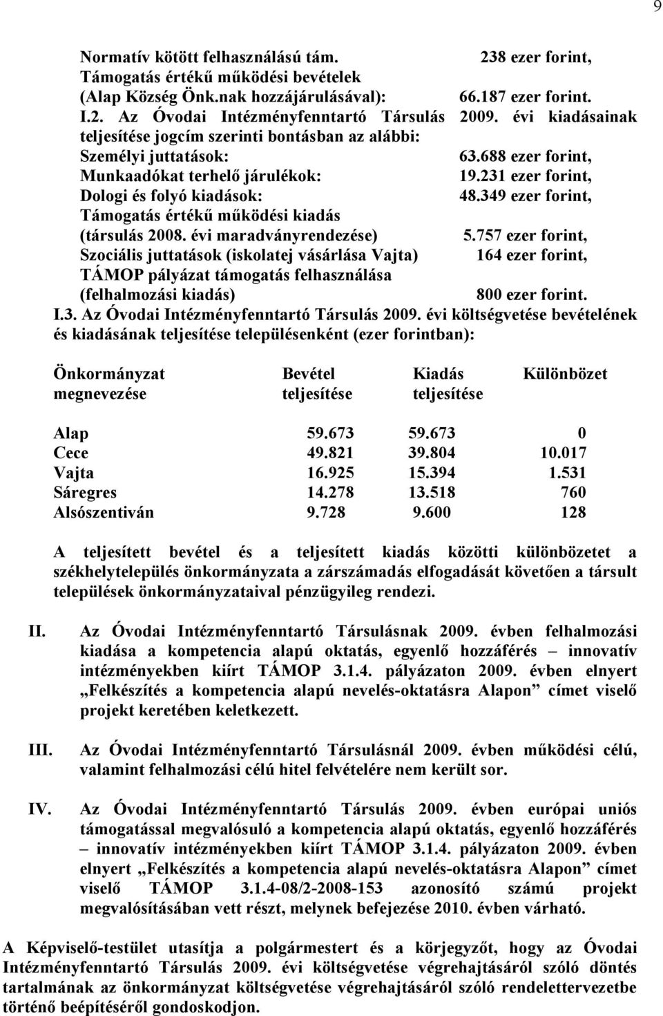 349 ezer forint, Támogatás értékű működési kiadás (társulás 2008. évi maradványrendezése) 5.