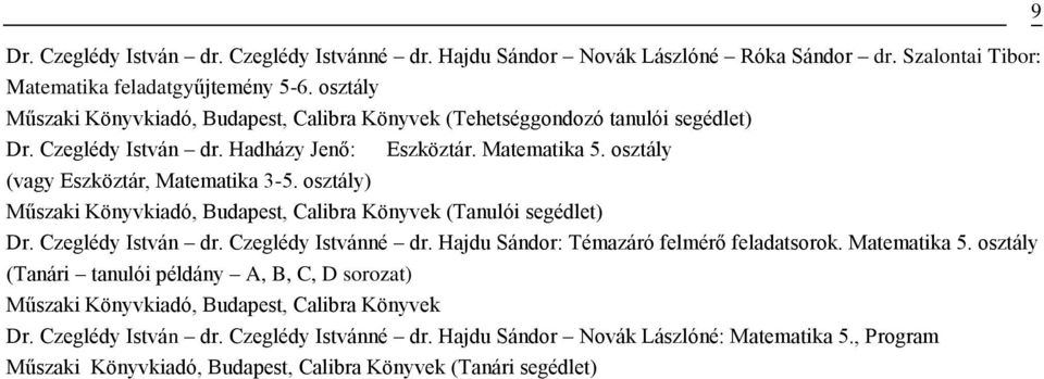 osztály (Tanulói segédlet) Dr. Czeglédy István dr. Czeglédy Istvánné dr. Hajdu Sándor: Témazáró felmérő feladatsorok. Matematika 5.