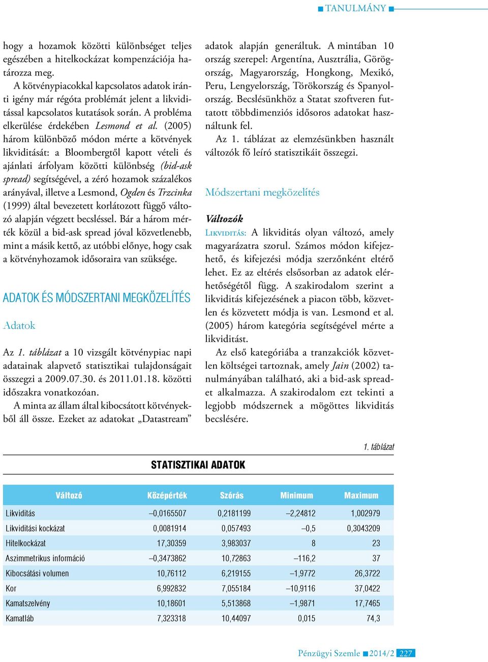 (2005) három különböző módon mérte a kötvények likviditását: a Bloombergtől kapott vételi és ajánlati árfolyam közötti különbség (bid-ask spread) segítségével, a zéró hozamok százalékos arányával,