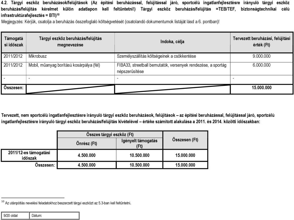 ) Tárgyi eszköz beruházás/felújítás =TEB/TEF, biztonságtechnikai célú infrastruktúrafejlesztés = BTI) 10 Megjegyzés: Kérjük, csatolja a beruházás összefoglaló költségvetését (csatolandó dokumentumok