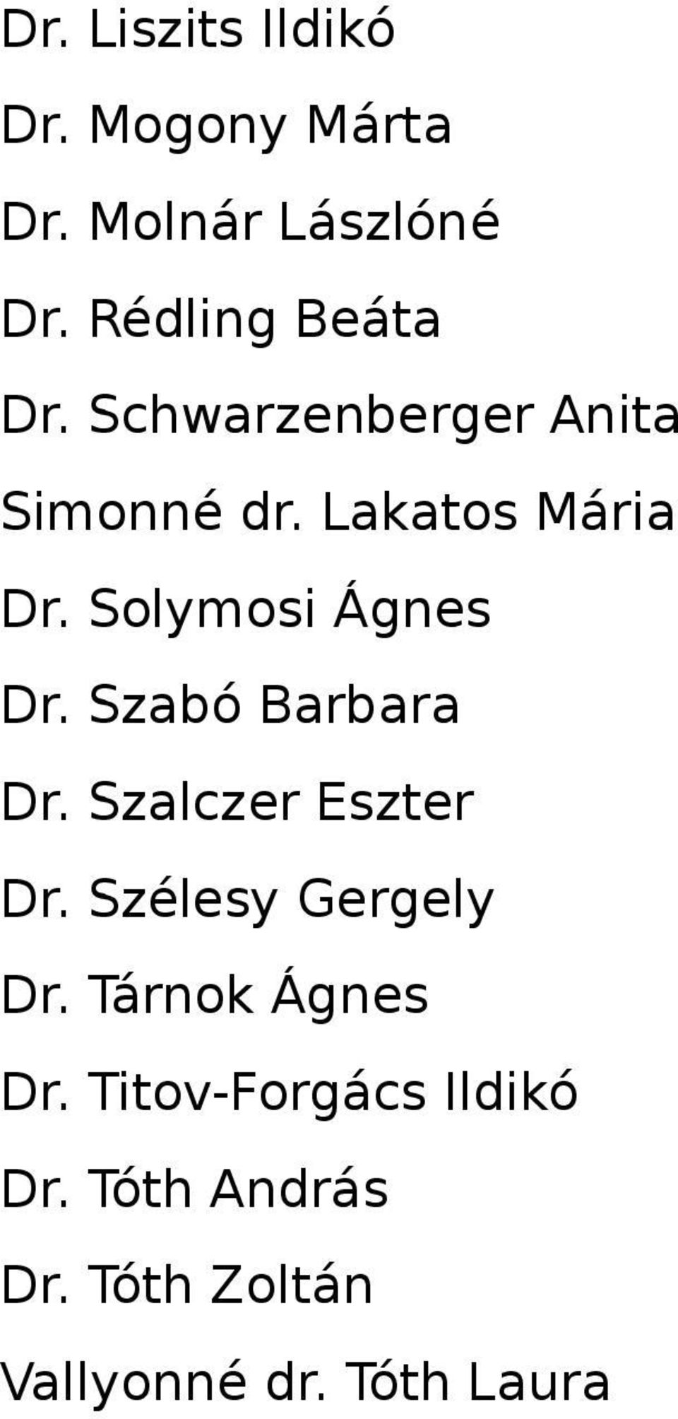 Solymosi Ágnes Dr. Szabó Barbara Dr. Szalczer Eszter Dr. Szélesy Gergely Dr.