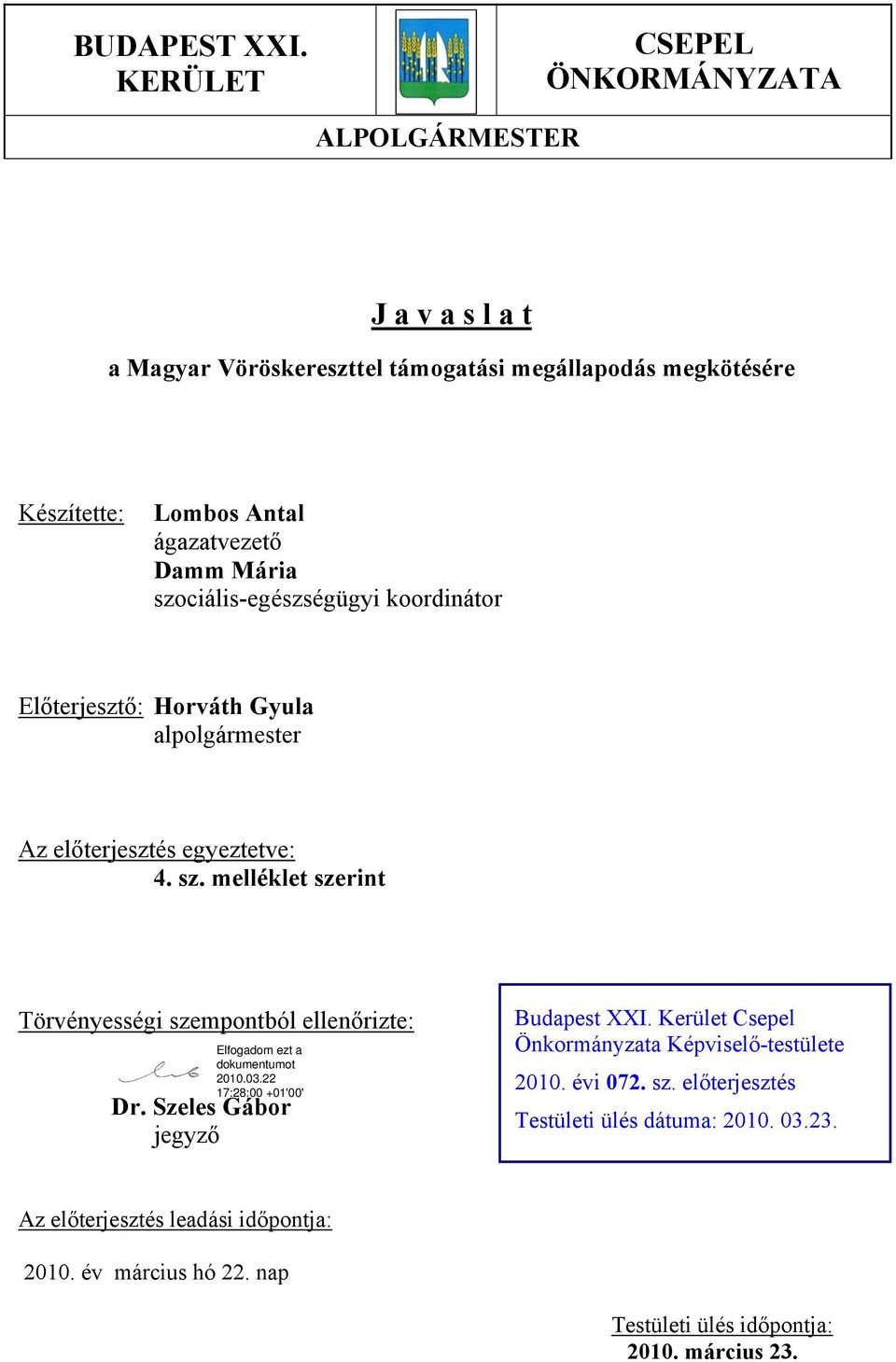 ágazatvezető Damm Mária szociális-egészségügyi koordinátor Előterjesztő: Horváth Gyula alpolgármester Az előterjesztés egyeztetve: 4. sz. melléklet szerint Törvényességi szempontból ellenőrizte: Dr.