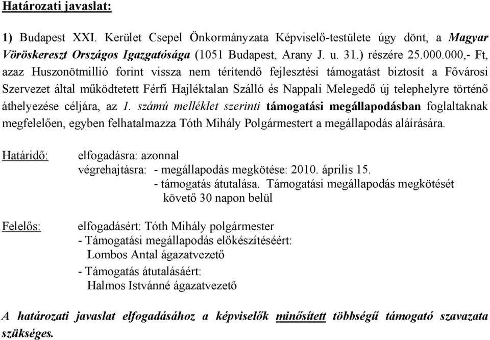 áthelyezése céljára, az 1. számú melléklet szerinti támogatási megállapodásban foglaltaknak megfelelően, egyben felhatalmazza Tóth Mihály Polgármestert a megállapodás aláírására.