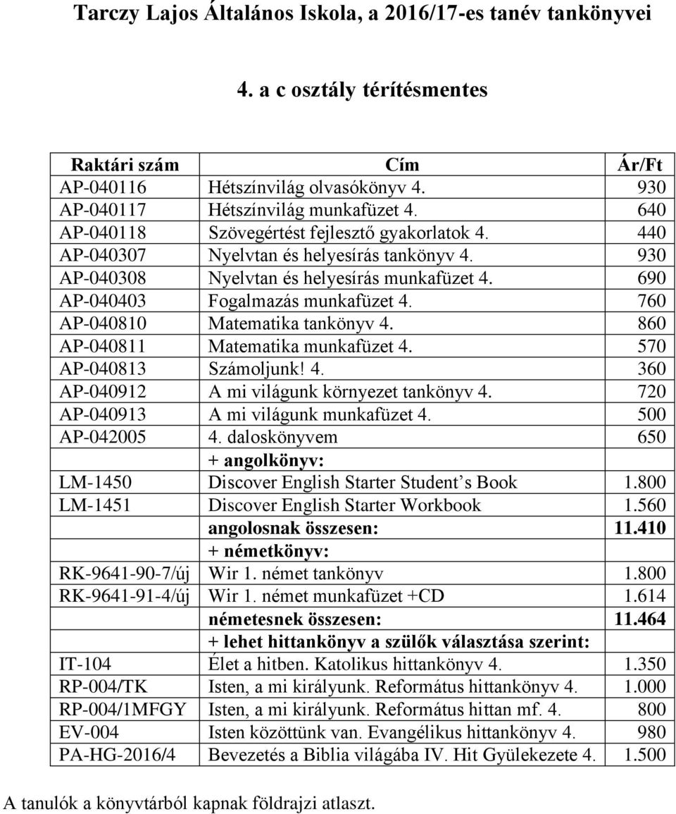 860 AP-040811 Matematika munkafüzet 4. 570 AP-040813 Számoljunk! 4. 360 AP-040912 A mi világunk környezet tankönyv 4. 720 AP-040913 A mi világunk munkafüzet 4. 500 AP-042005 4.