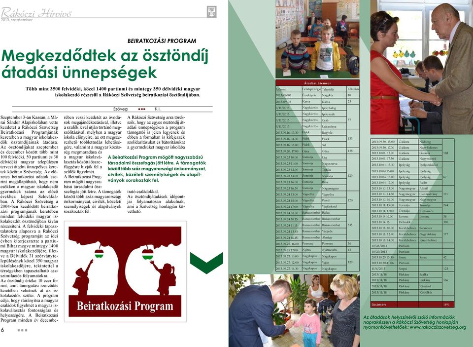 Az ösztöndíjakat szeptember és december között több mint 100 felvidéki, 50 partiumi és 30 délvidéki magyar településen tervezi átadni ünnepélyes keretek között a Szövetség.