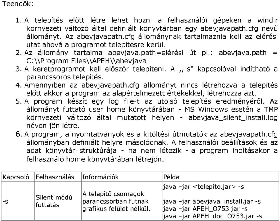 A keretprogramot kell először telepíteni. A,,-s" kapcsolóval indítható a parancssoros telepítés. 4. Amennyiben az abevjavapath.