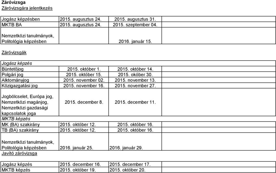 Közigazgatási jog 2015. november 16. 2015. november 27. Jogbölcselet, Európa jog, Nemzetközi magánjog, 2015. december 8. 2015. december 11.