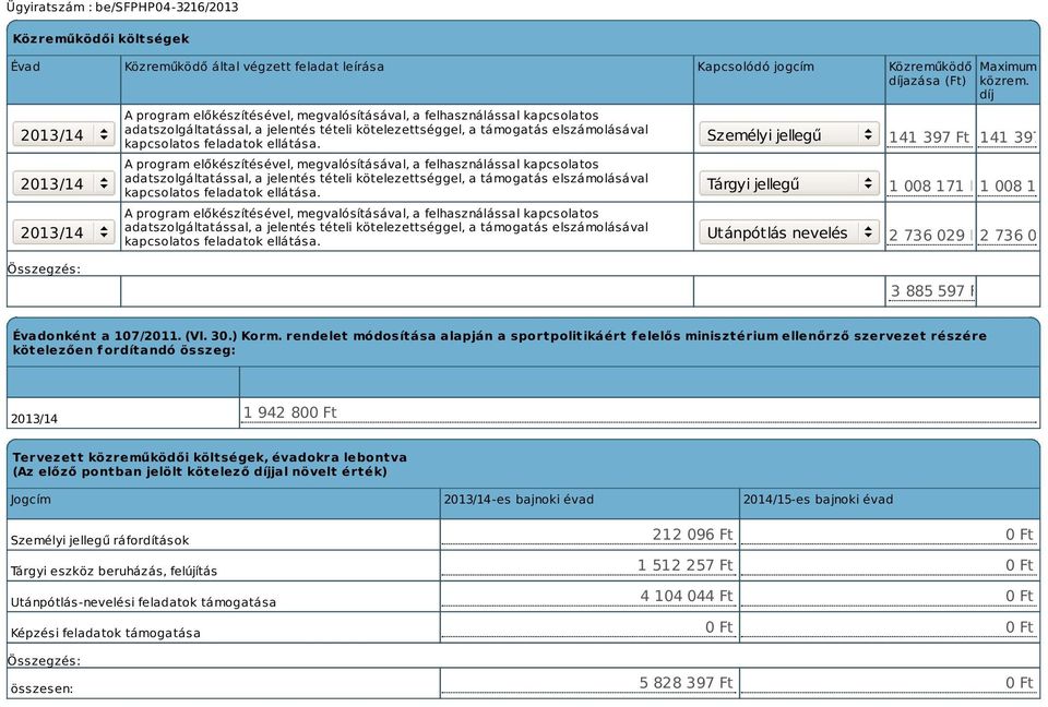 A program előkészítésével, megvalósításával, a felhasználással kapcsolatos  A program előkészítésével, megvalósításával, a felhasználással kapcsolatos  Személyi jellegű Tárgyi jellegű Utánpótlás