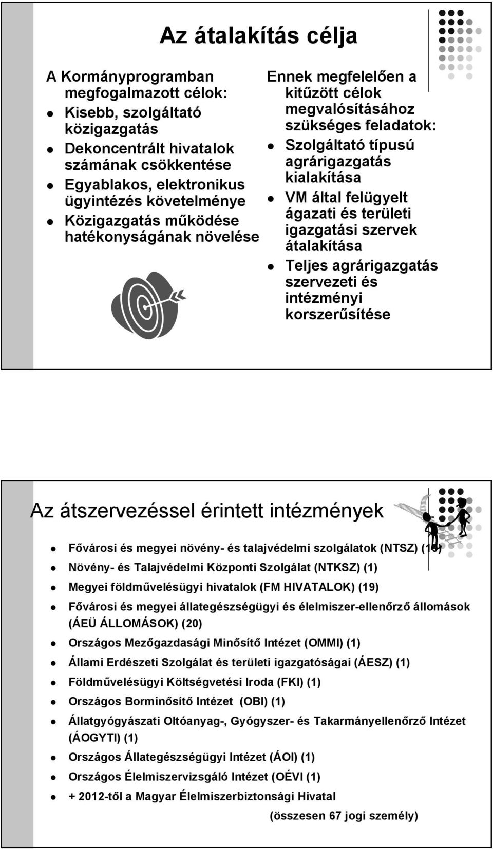 területi igazgatási szervek átalakítása Teljes agrárigazgatás szervezeti és intézményi korszerűsítése Az átszervezéssel érintett intézmények Fővárosi és megyei növény- és talajvédelmi szolgálatok