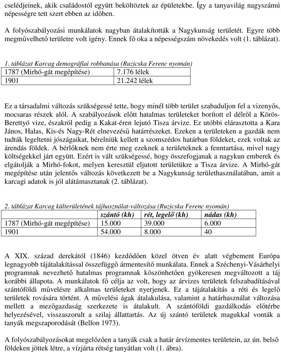 táblázat Karcag demográfiai robbanása (Ruzicska Ferenc nyomán) 1787 (Mirhó-gát megépítése) 7.176 lélek 1901 21.