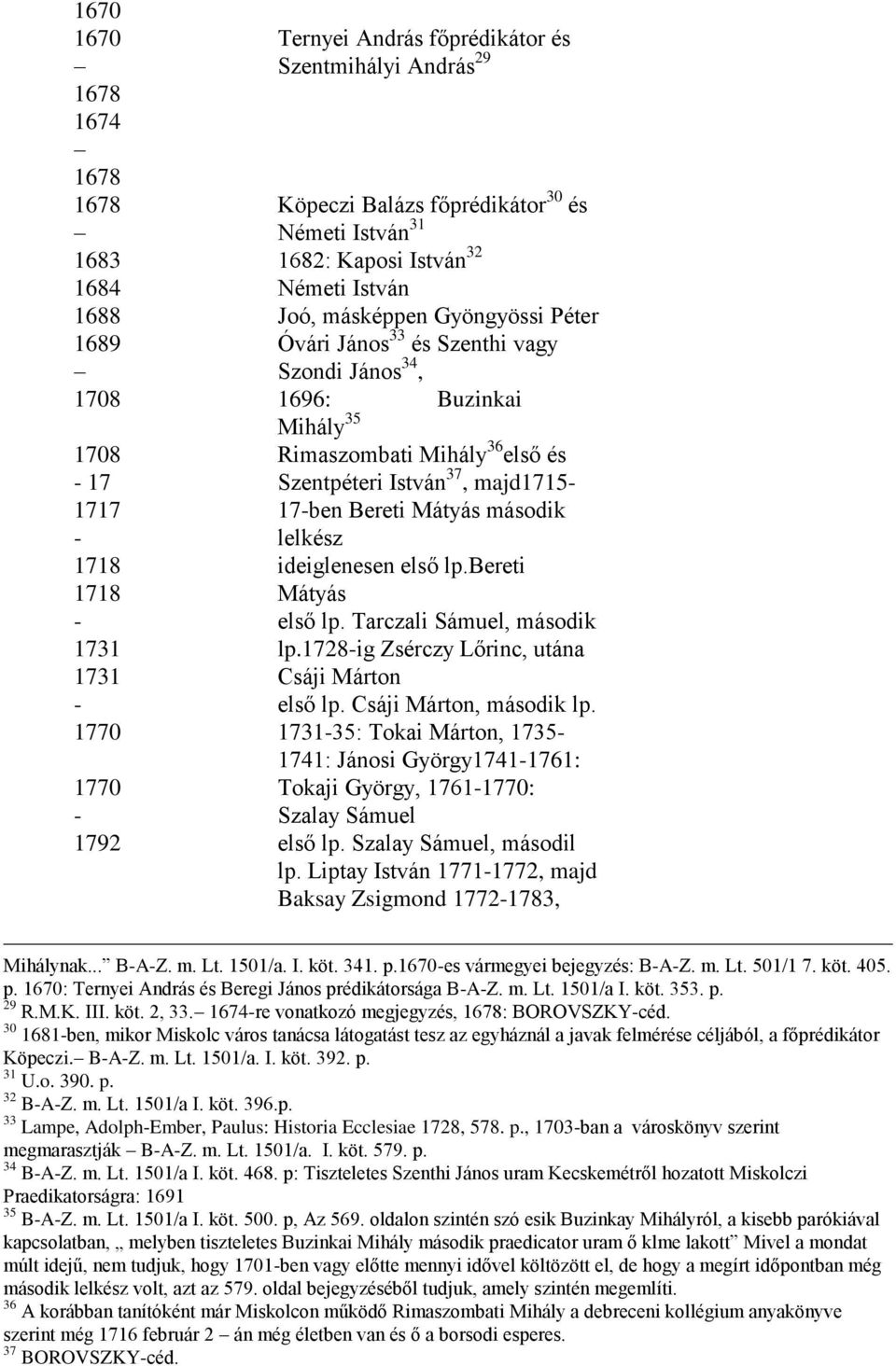 Szentpéteri István 37, majd1715-17-ben Bereti Mátyás második lelkész ideiglenesen első lp.bereti Mátyás első lp. Tarczali Sámuel, második lp.1728-ig Zsérczy Lőrinc, utána Csáji Márton első lp.