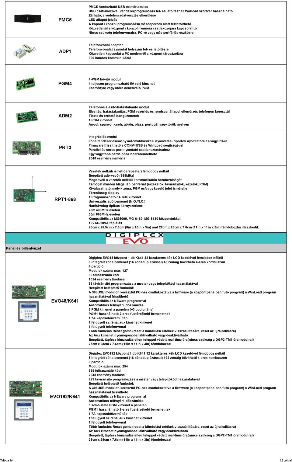 Telefonvonal adapter Telefonvonalat szimulál helyszíni fel- és letöltésre Közvetlen kapcsolat a PC modemről a központ tárcsázójára 300 baudos kommunikáció PGM4 4-PGM bővítő modul 4 teljesen