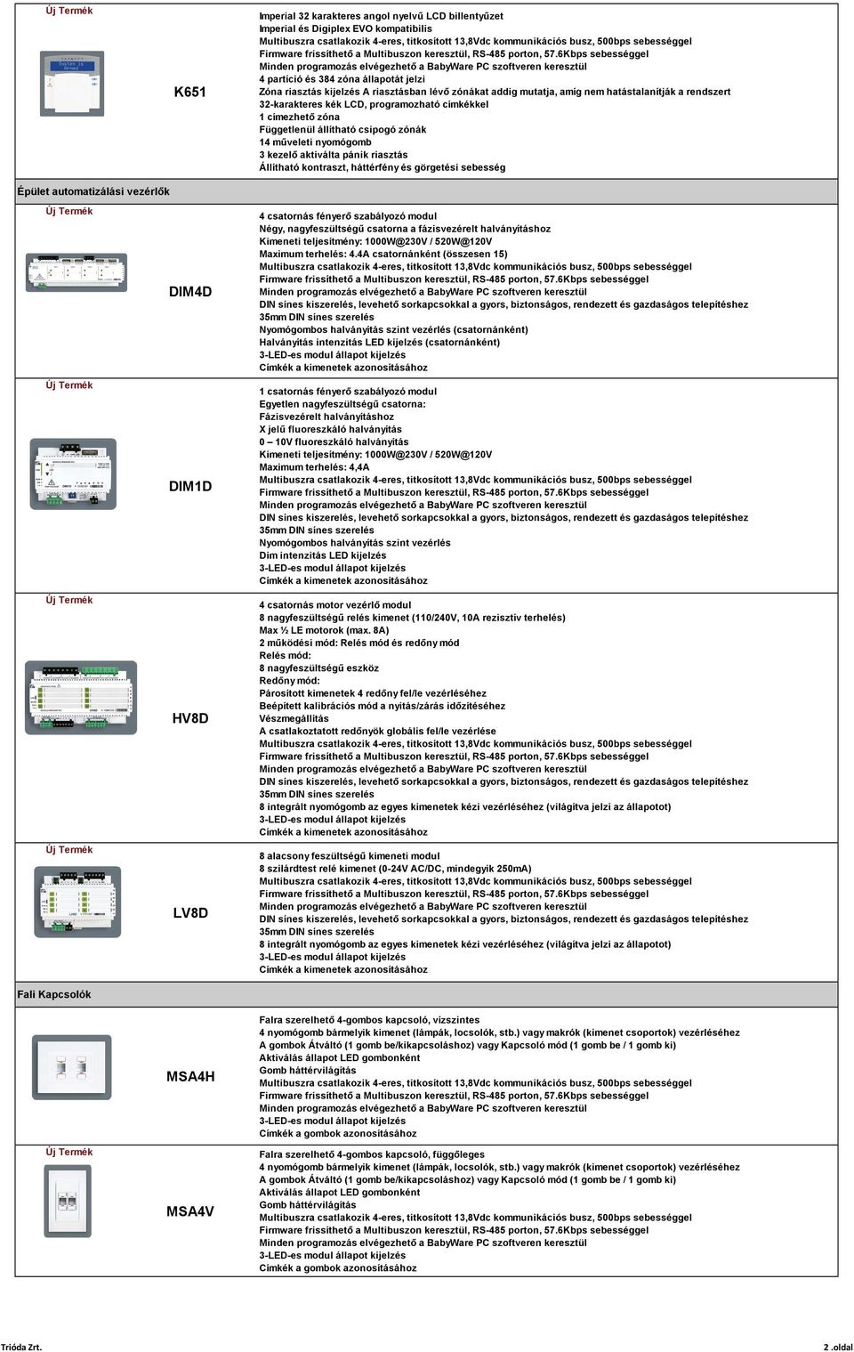 6Kbps sebességgel Minden programozás elvégezhető a BabyWare PC szoftveren keresztül 4 partíció és 384 zóna állapotát jelzi Zóna riasztás kijelzés A riasztásban lévő zónákat addig mutatja, amíg nem