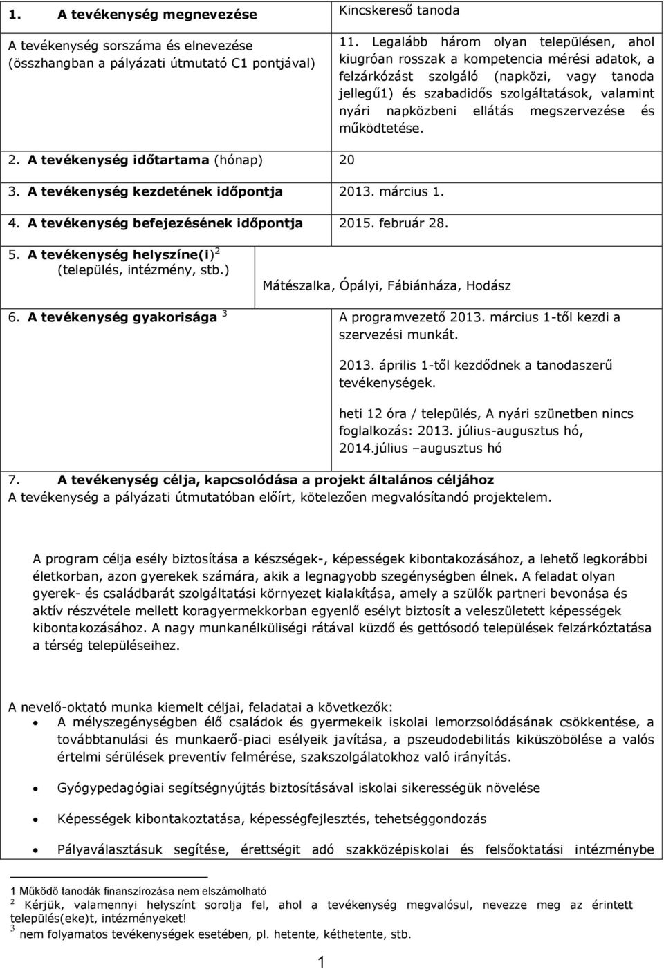 ellátás megszervezése és működtetése. 2. A tevékenység időtartama (hónap) 20 3. A tevékenység kezdetének időpontja 2013. március 1. 4. A tevékenység befejezésének időpontja 2015. február 28. 5.