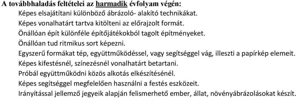 Egyszerű formákat tép, együttműködéssel, vagy segítséggel vág, illeszti a papírkép elemeit. Képes kifestésnél, színezésnél vonalhatárt betartani.