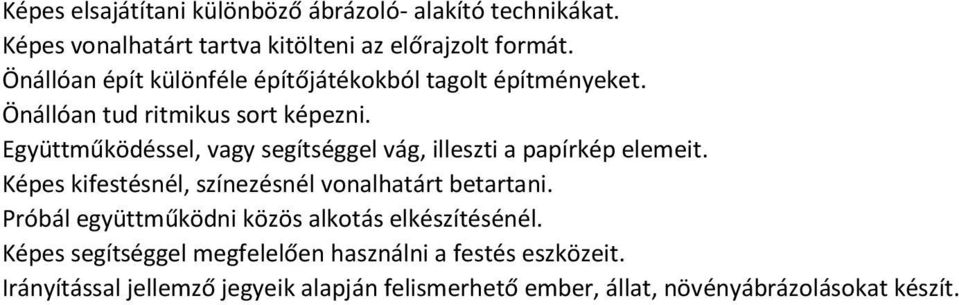 Együttműködéssel, vagy segítséggel vág, illeszti a papírkép elemeit. Képes kifestésnél, színezésnél vonalhatárt betartani.