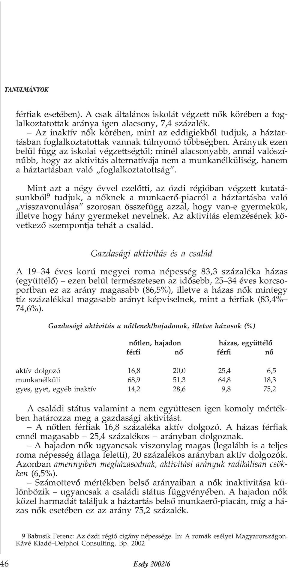 Arányuk ezen belül függ az iskolai végzettségtõl; minél alacsonyabb, annál valószínûbb, hogy az aktivitás alternatívája nem a munkanélküliség, hanem a háztartásban való foglalkoztatottság.