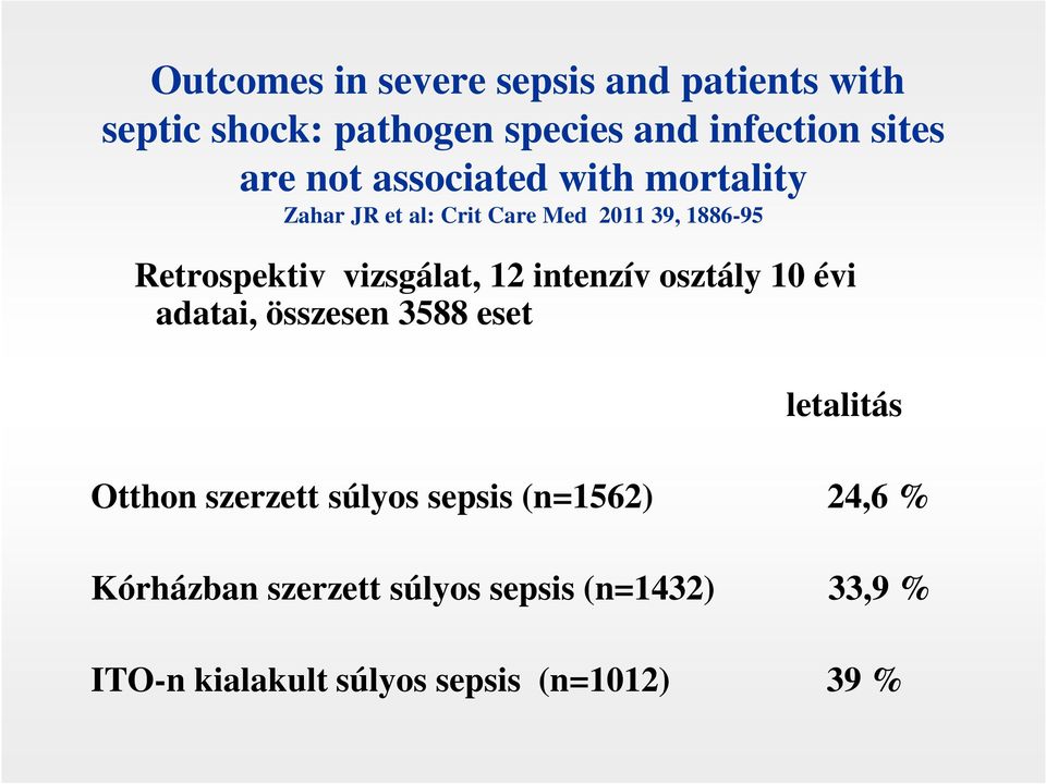 12 intenzív osztály 10 évi adatai, összesen 3588 eset letalitás Otthon szerzett súlyos sepsis