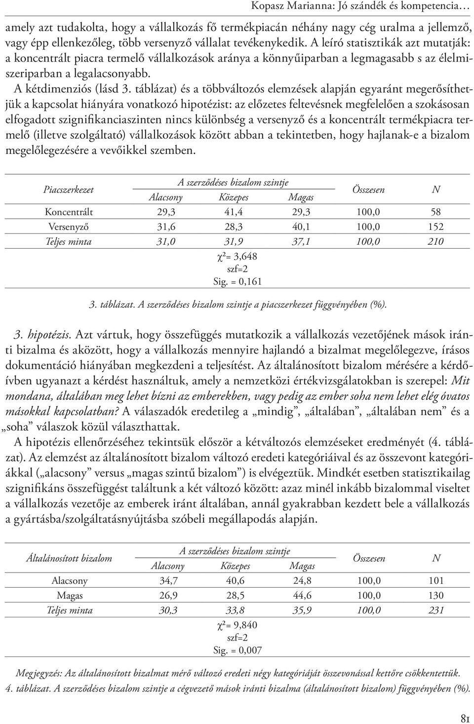 táblázat) és a többváltozós elemzések alapján egyaránt megerősíthetjük a kapcsolat hiányára vonatkozó hipotézist: az előzetes feltevésnek megfelelően a szokásosan elfogadott szignifikanciaszinten