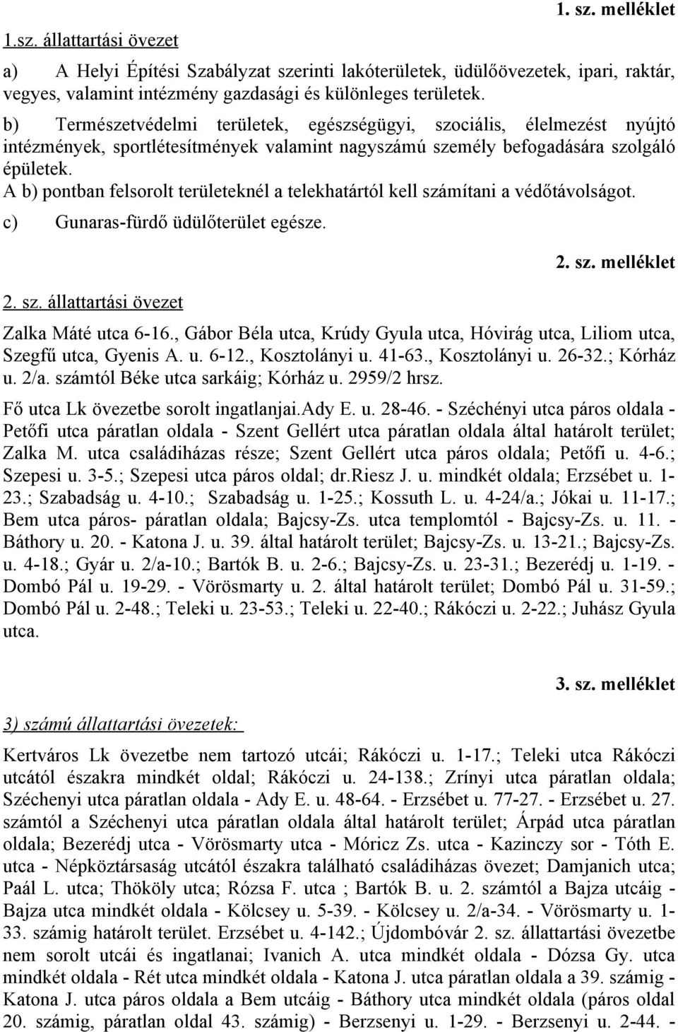 A b) pontban felsorolt területeknél a telekhatártól kell számítani a védőtávolságot. c) Gunaras-fürdő üdülőterület egésze. 2. sz. állattartási övezet 2. sz. melléklet Zalka Máté utca 6-16.