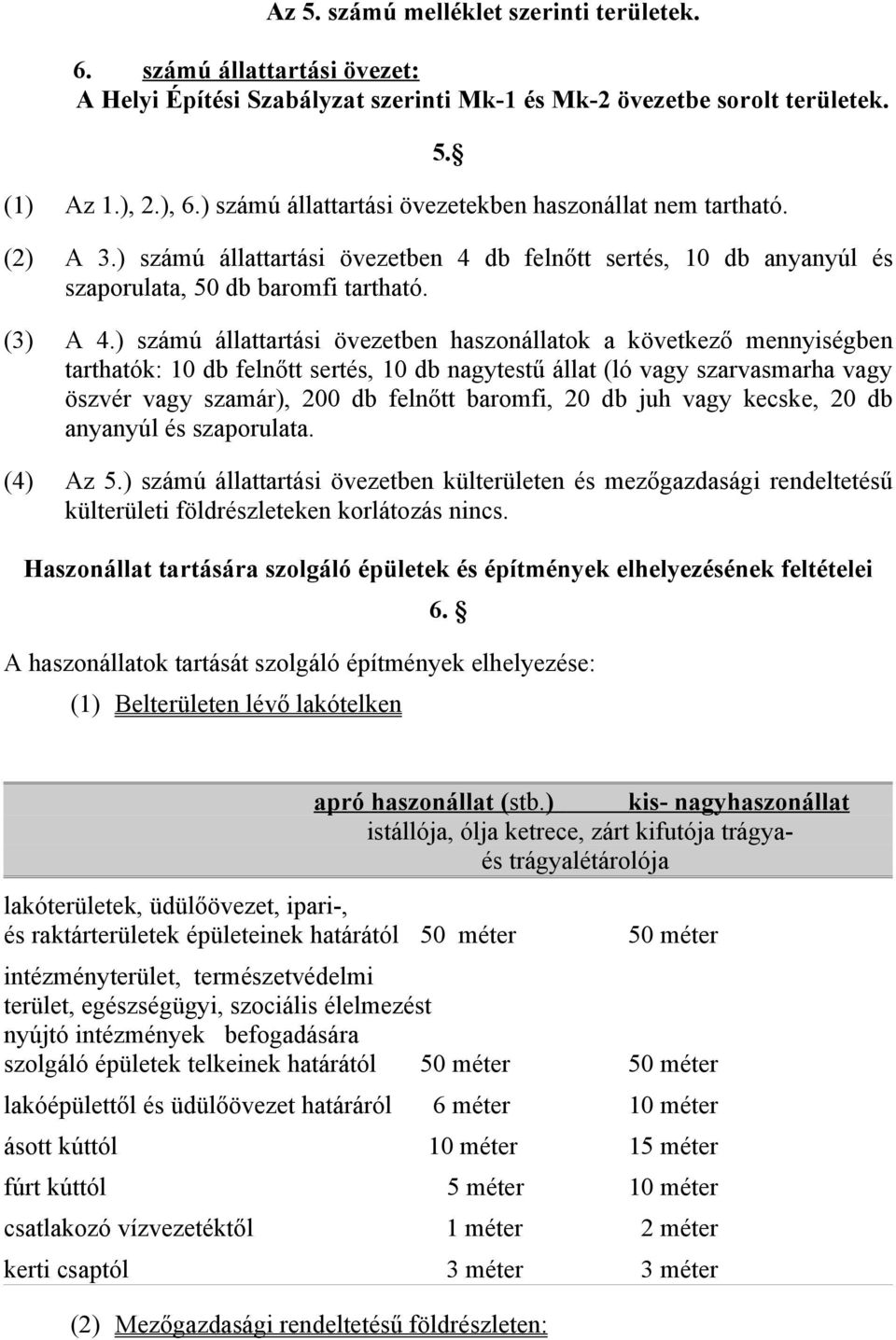 ) számú állattartási övezetben haszonállatok a következő mennyiségben tarthatók: 10 db felnőtt sertés, 10 db nagytestű állat (ló vagy szarvasmarha vagy öszvér vagy szamár), 200 db felnőtt baromfi, 20