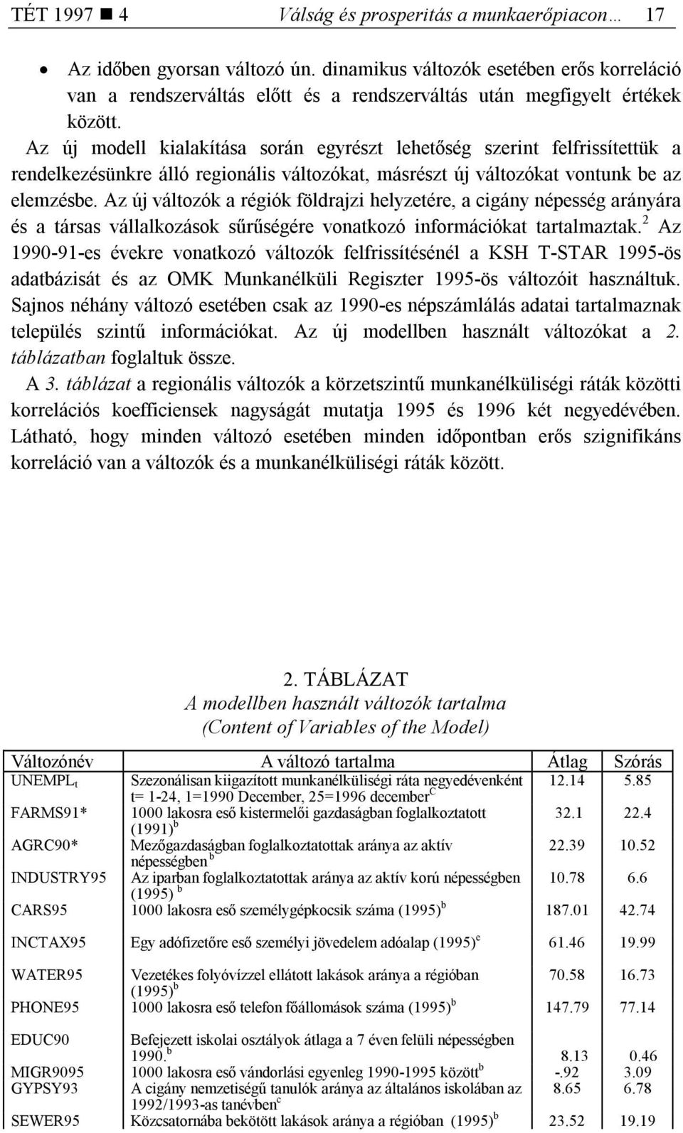 Az új modell kialakítása során egyrészt lehetőség szerint felfrissítettük a rendelkezésünkre álló regionális változókat, másrészt új változókat vontunk be az elemzésbe.